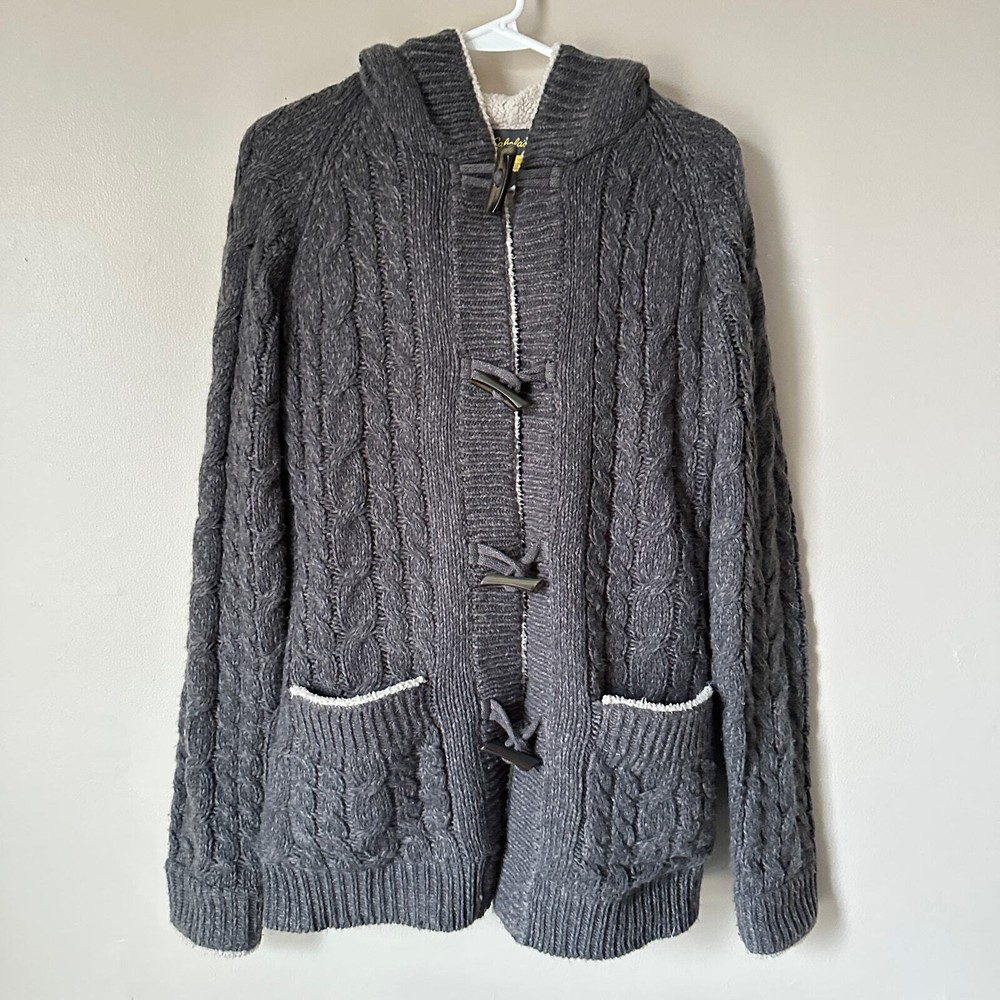 Cabela's Cable Knit Hooded Sweater Toggle Button Soft Sherpa Lined Fisherman S