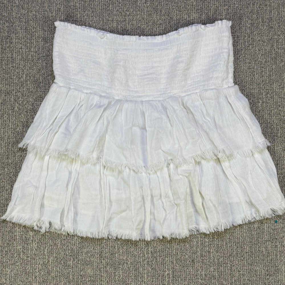 Aerie White Smocked Tiered Mini Skirt Size S Boho Beach Fringe Hem