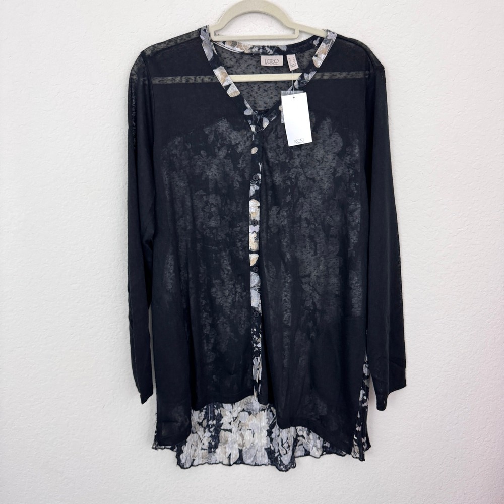 LOGO Lori Goldstein Womens Laine Button Blouse Top Size L Floral Sheer Black