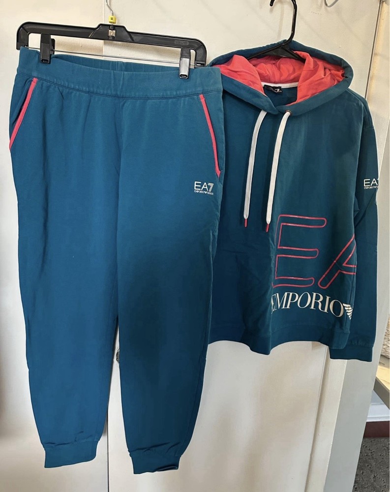 EA7 Emporio Armani Men's Teal 2-Piece Hoodie & Jogger Pants Set Logo M