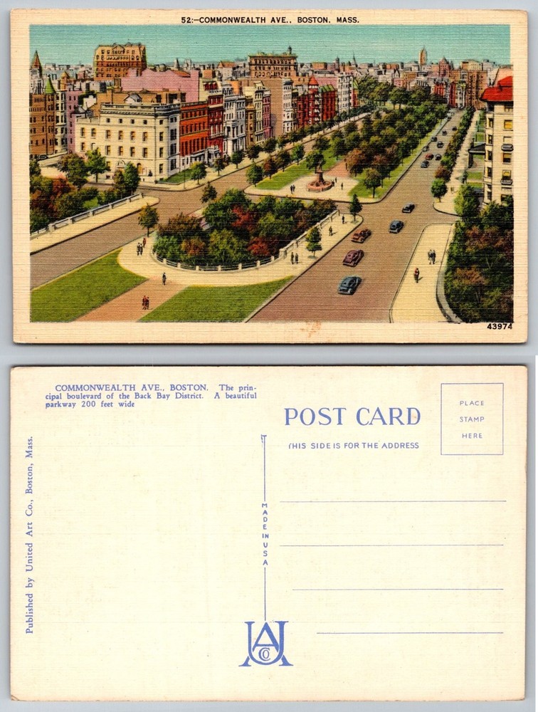 Commonwealth Ave Boston MA Vintage Postcard Back Bay District Parkway Cars