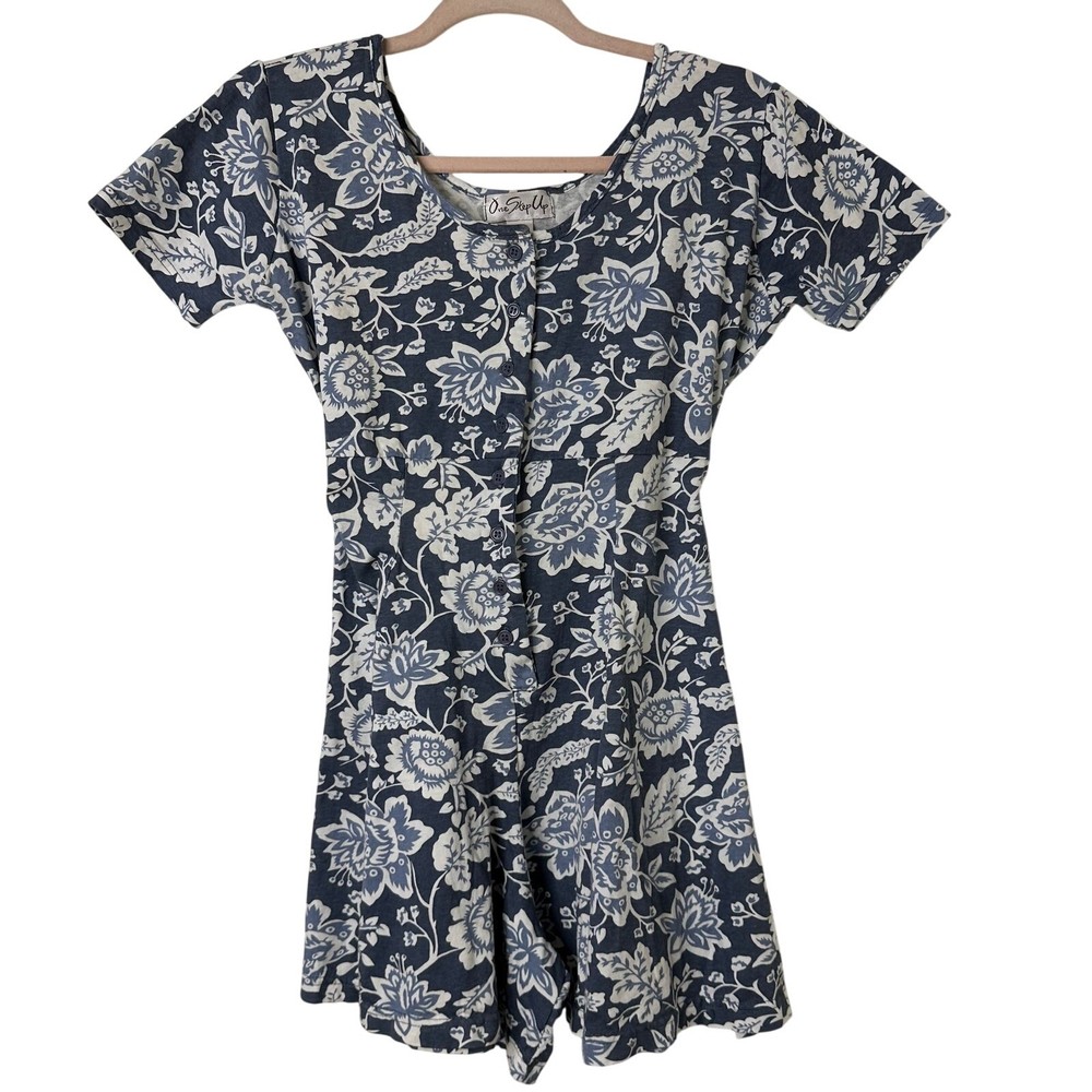 Sm Y2k VTG Floral Cotton Romper Blue White Cottagecore Summer Shorts Coastal Fem