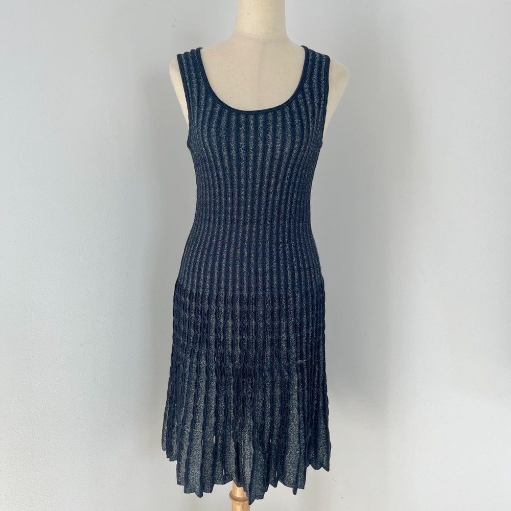 M Missoni knitted sleeveless pleated navy/gold glittery midi dress