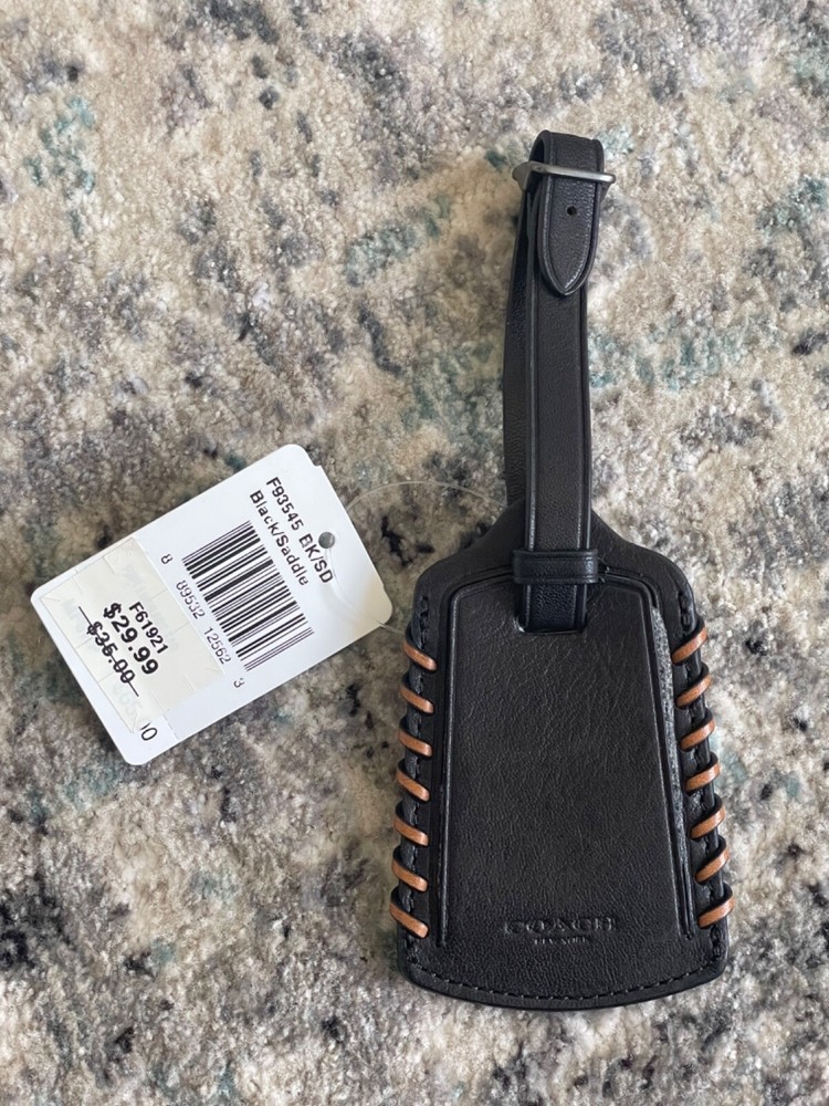 NWT Coach Rip and Repair Luggage Tag in Sport Calf Leather Black Saddle F93545