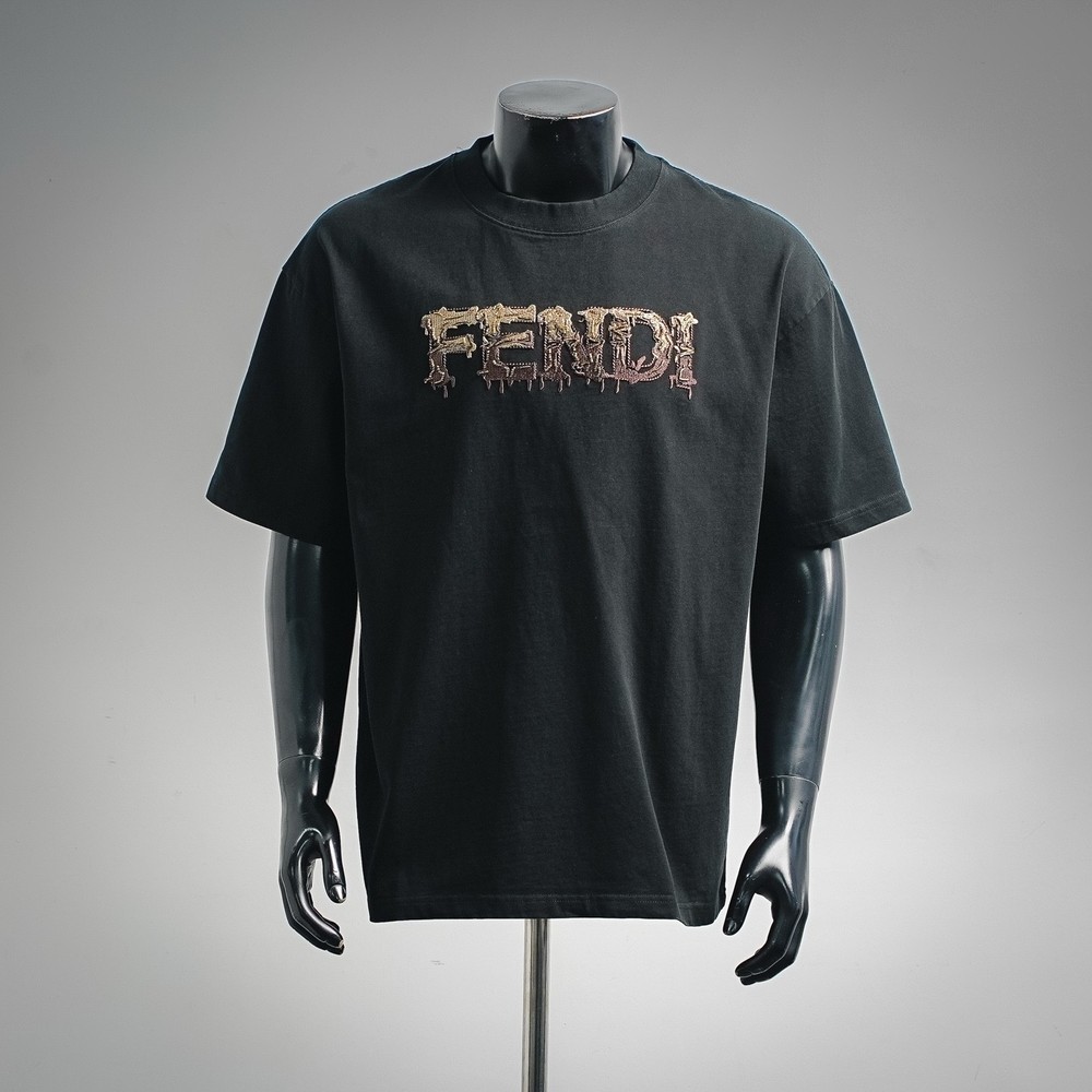 Fendi Black Embroidered Logo Short Sleeve T-Shirt