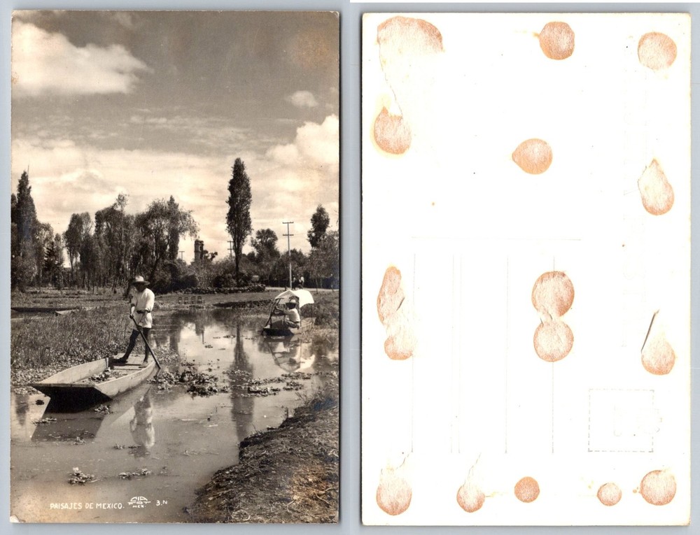 Vintage RPPC Xochimilco Mexico City Canal Boat Man Landscape Postcard