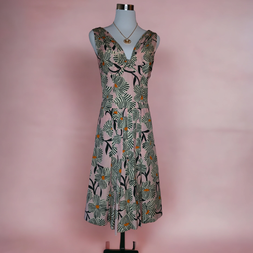 MOSCHINO CC Pleated Midi Dress Size 8 Cotton Silk Blend Pink Green Floral