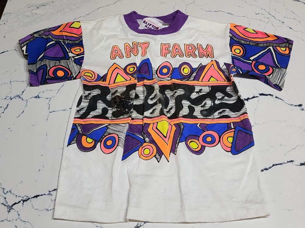 Vintage 90s Ant Farm Kids Shirt Size 4 USA Made Neon Abstract Art Graphic Tee-image