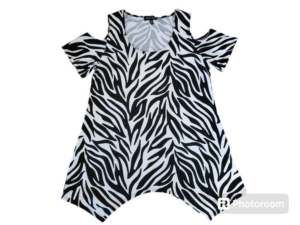 Slinky Brand Women's Short Sleeve Bare Shoulders Black & White Shirt Ladies Sz M
