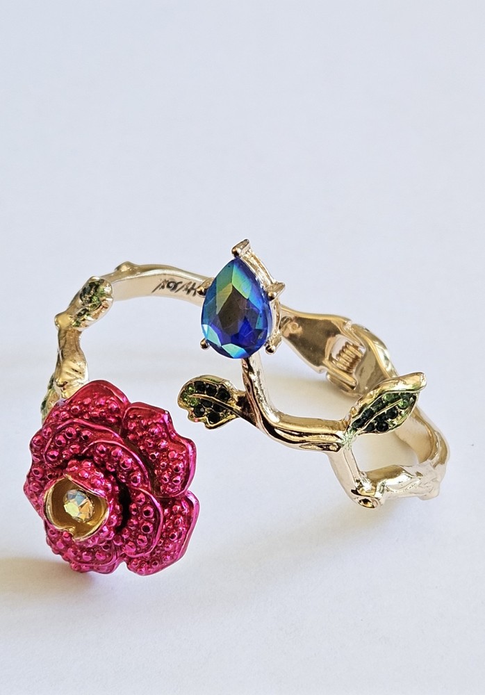 Betsey Johnson Gold Tone Fuchsia Rose Rhinestone Hinged Bracelet