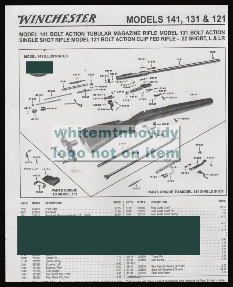 1999 WINCHESTER  Model 141, 131, 121  Bolt Action Rifle Schematic and Parts List