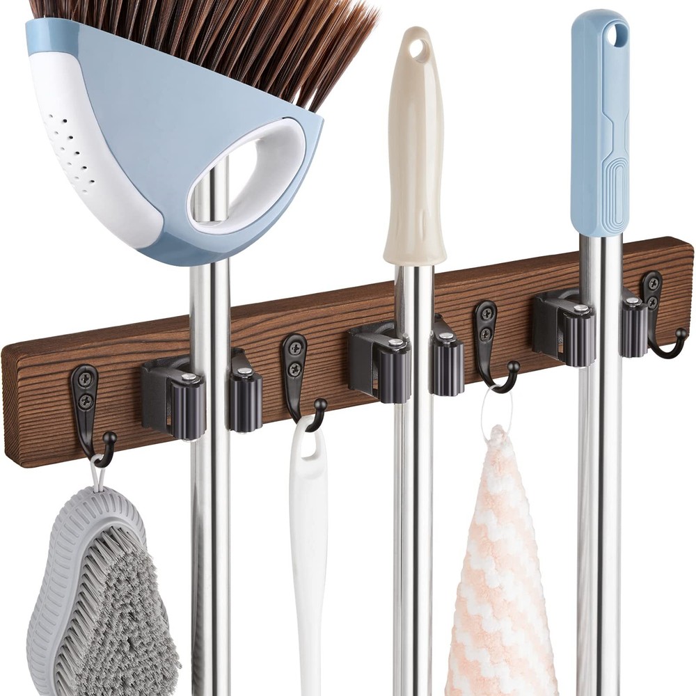 3-Slot Wall Mount Mop Broom Holder with 4 Hooks for Kitchen Storage