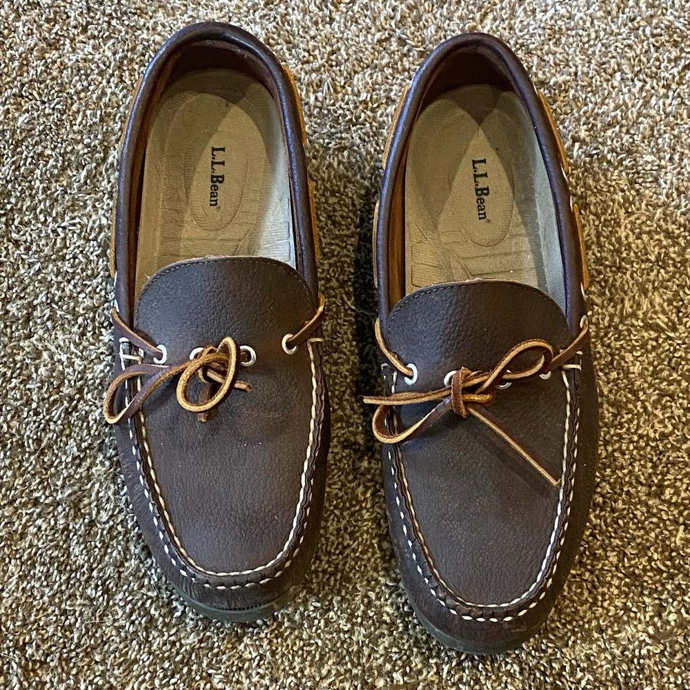 LL Bean Mens Dark Brown Leather Boat Shoes Loafers Moccasins Slip On Size 10.5