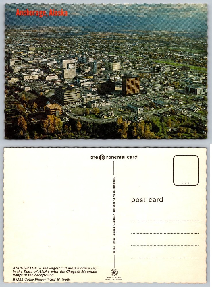 Anchorage Alaska Cityscape Postcard, Chugach Mountains, Ward W. Wells Photo