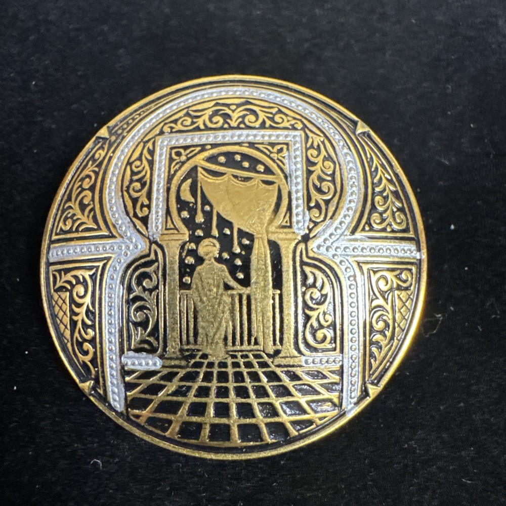 Vintage Damascene Brooch Pin Toledo Spain Style Gold Silver Tone Scenic Round