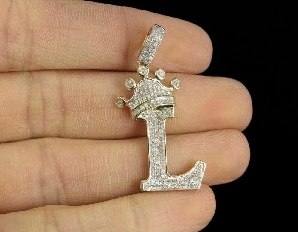 2Ct Diamond Initial L Letter Alphabet King Crown Pendant 14k Yellow Gold Finish
