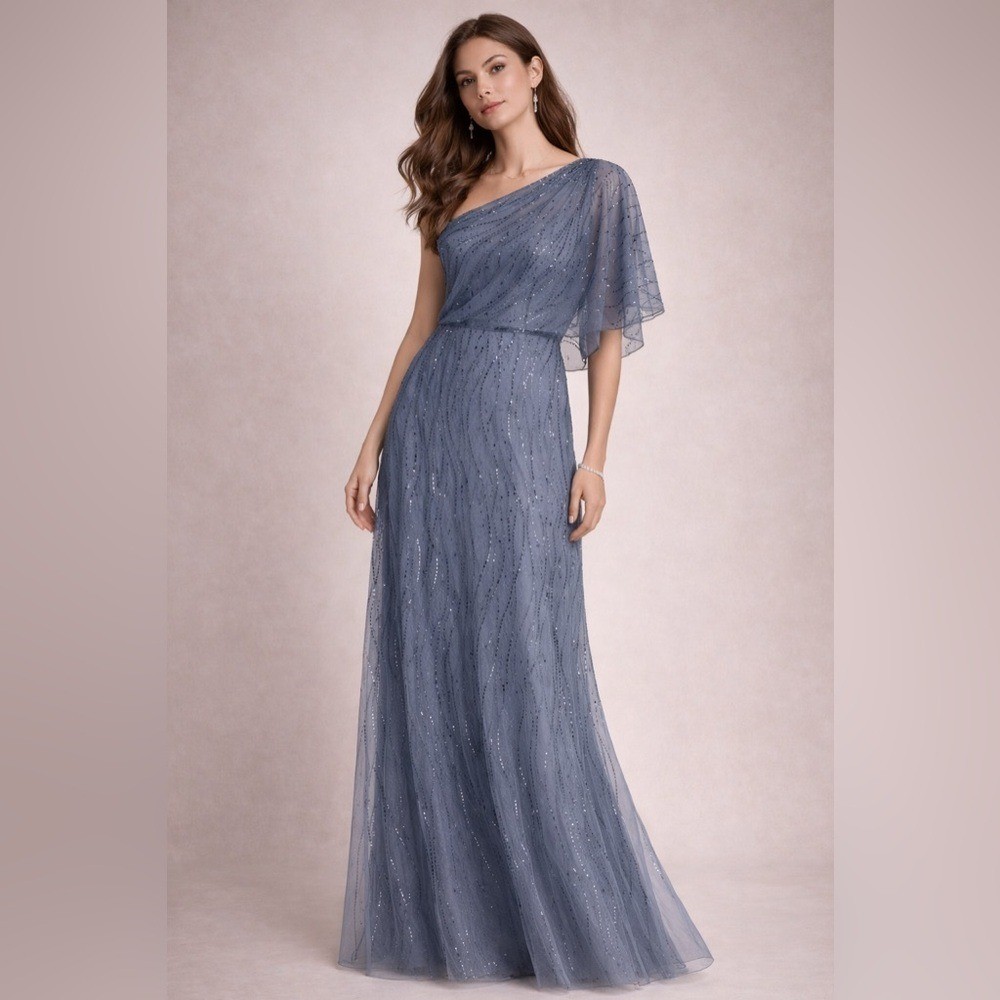 Adrianna Papell One Shoulder Sequin Mesh Gown Slate Blue Formal Dress 6