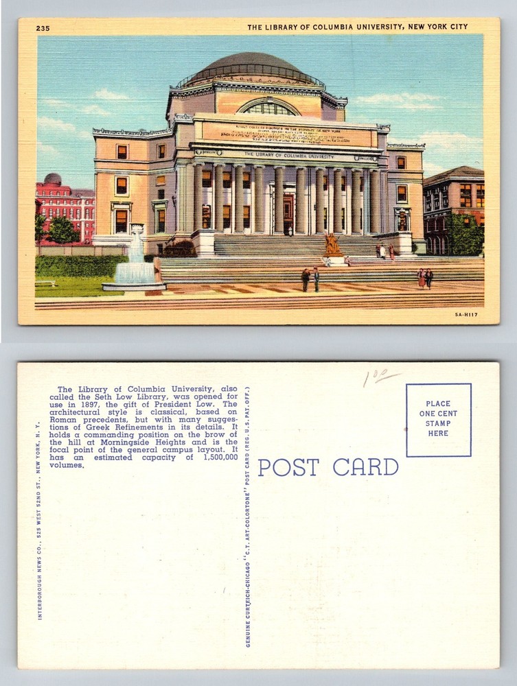 New York City NY, Library of Columbia University Morningside Vintage Postcard