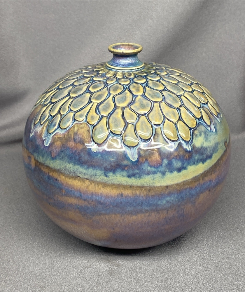 Vintage Signed James Jim Loso Handcrafted Textured Iridescent Pottery Vase  