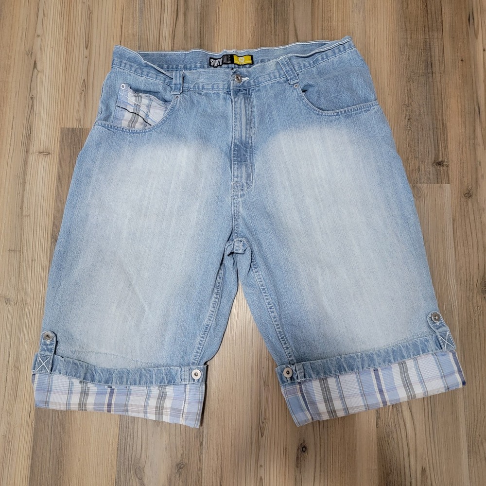 Vintage Y2K Southpole Jean Shorts Mens 40 Baggy Loose Checkered Blue Faded