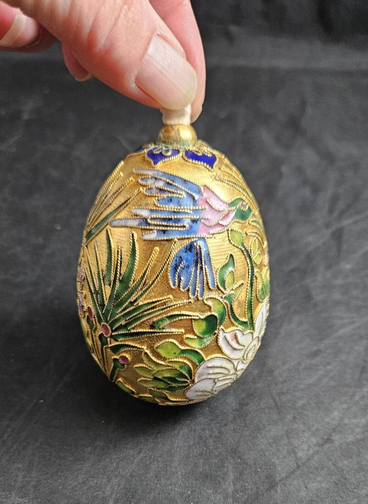 Cloisonne Enameled Egg Ornament Hummingbird Flowers Gold EUC Birds Christmas 4