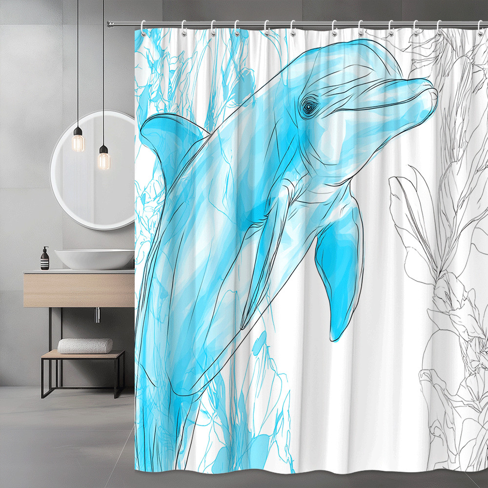 Blue Dolphin Shower Curtain Ocean Graphic Print
