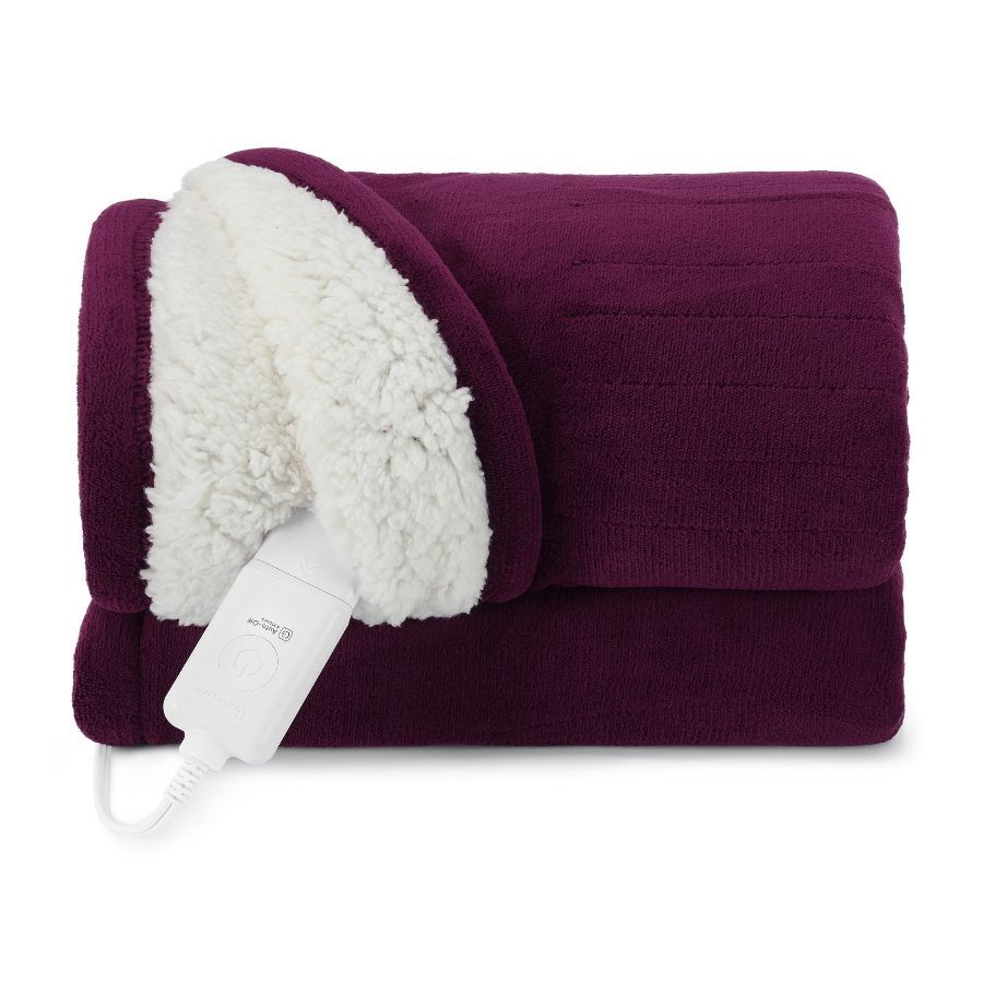 Windsor Wine Microplush Sherpa/Faux Shearling, Electric Heated Blanket