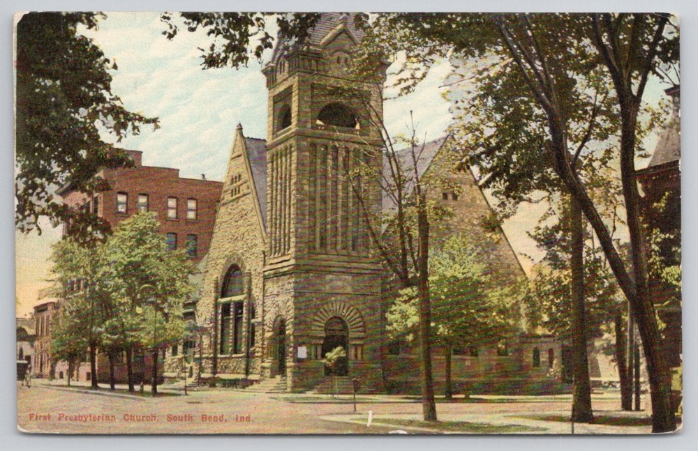 1911 South Bend, Indiana First Presbyterian Church Americhrome Postcard