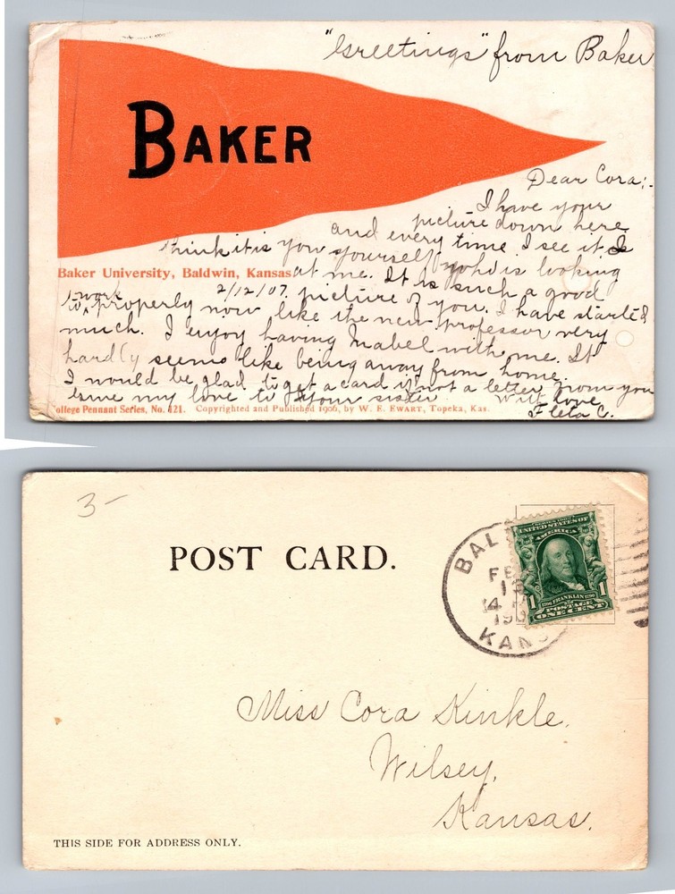 Baldwin, KS-Kansas, Baker Univ Greetings Pennant PC Vintage c1907 Postcard