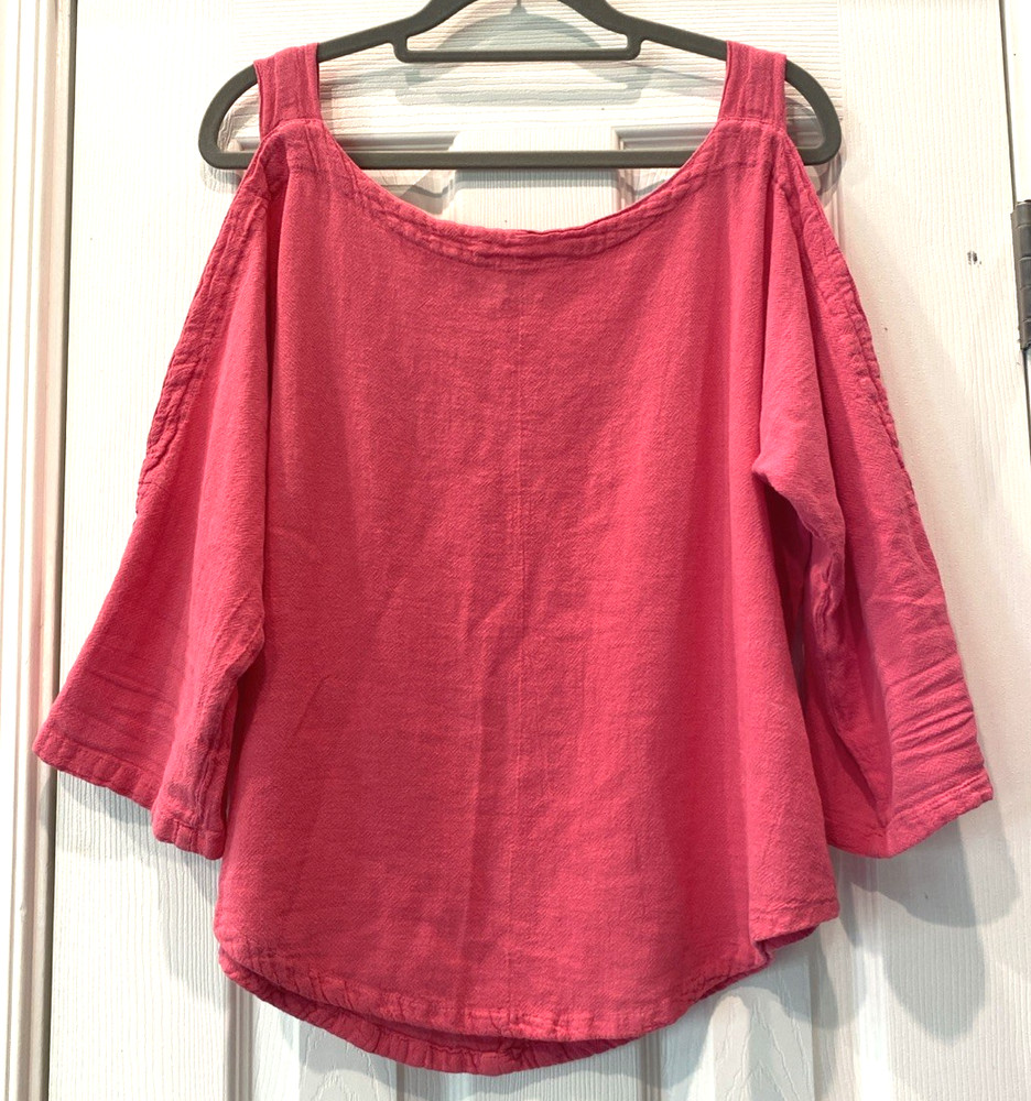 Womens Oh My Gauze Pink Top 100% Cotton Lagenlook Cold Shoulder Sz 1 Small Boho