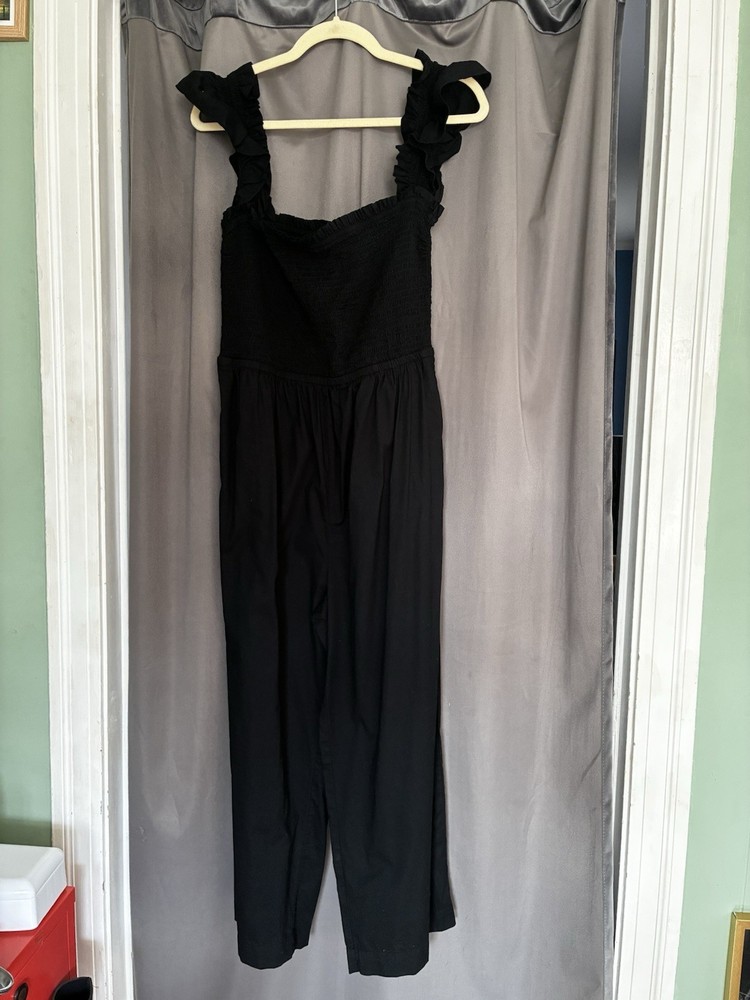 LOFT Beach Black Petite Smocked Ruffle Strap Jumpsuit LP Sleeveless Square Neck