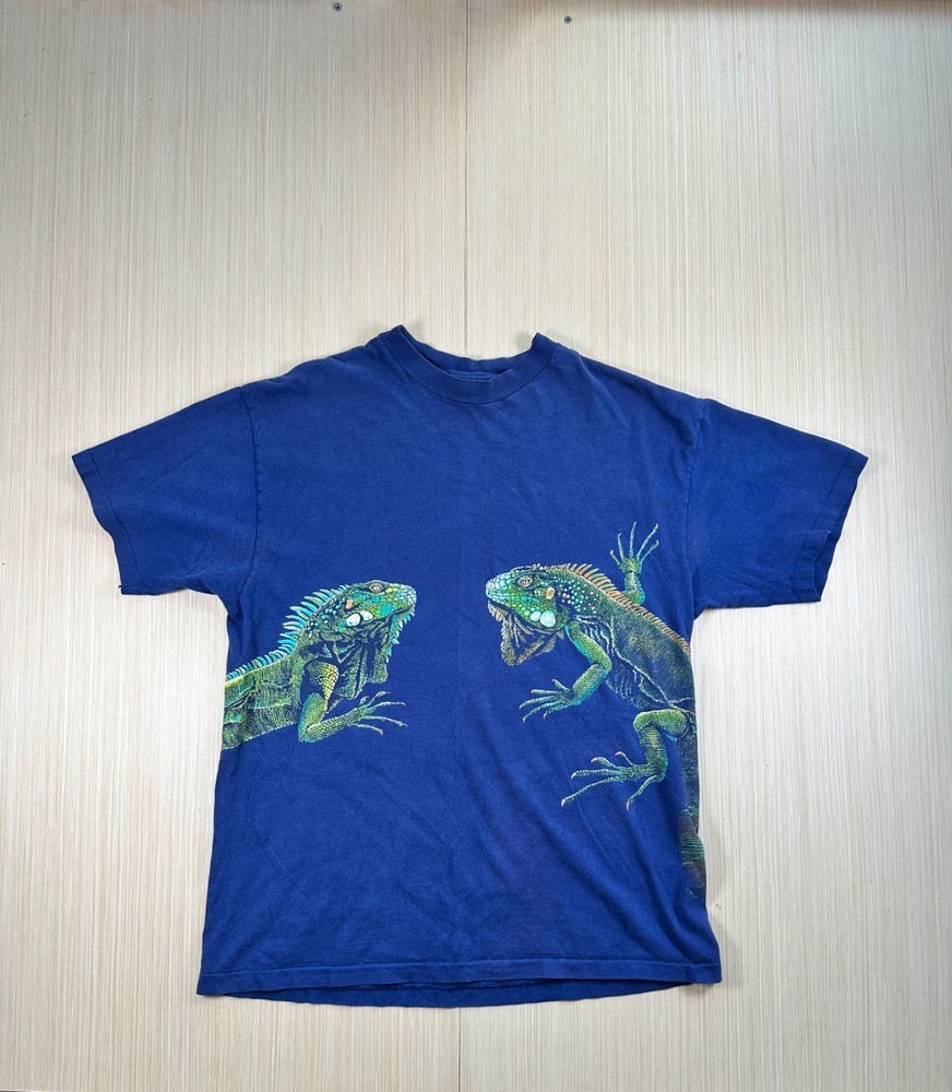 Vintage Hanes Beefy T Shirt Mens Large Blue Cotton Iguana Graphic Retro Y2K