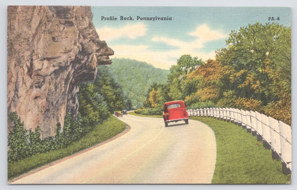 Linen~Cars On Highway @ Profile Rock Pennsylvania~Vintage Postcard