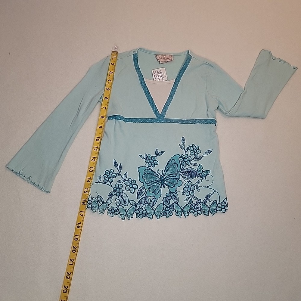 Girls Long Sleeve Top Size. LG 10-12 Seafoam with Butterfly Design By Knit Works