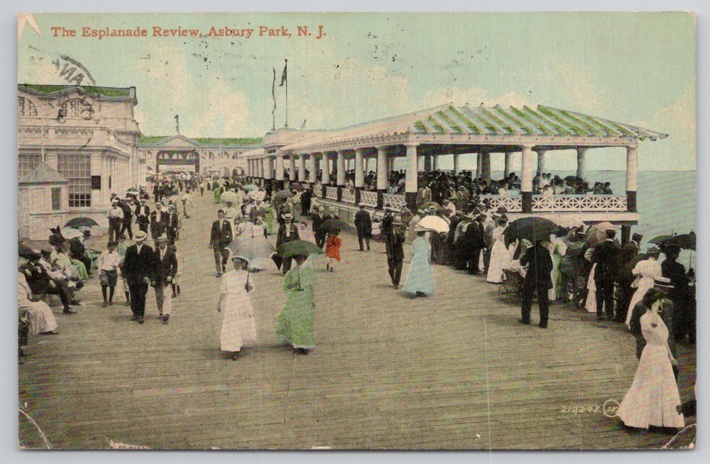 Asbury Park NJ Esplanade Review Boardwalk 1910 Postcard Leighton & Valentine