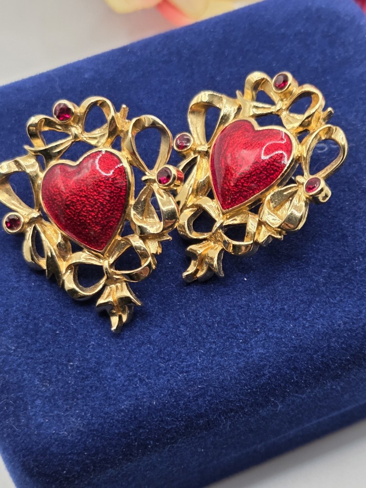 Vintage Large AVON Heart Earrings Rhinestone & Enamel Signed Gold Tone