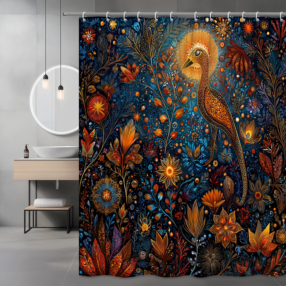 Boho Bird Floral Shower Curtain Blue Orange Botanical