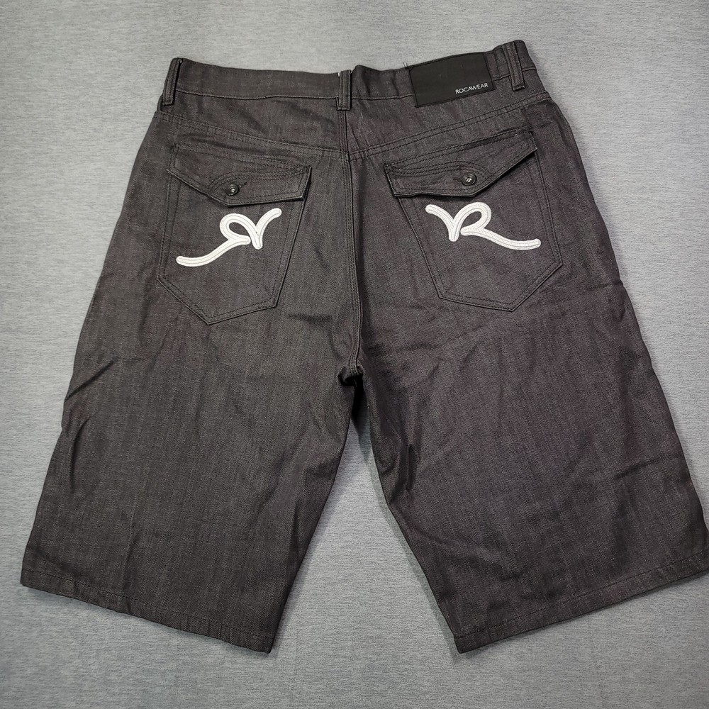 Rocawear Shorts Mens 38 Gray Denim Embroidered Baggy Loose Jorts Streetwear