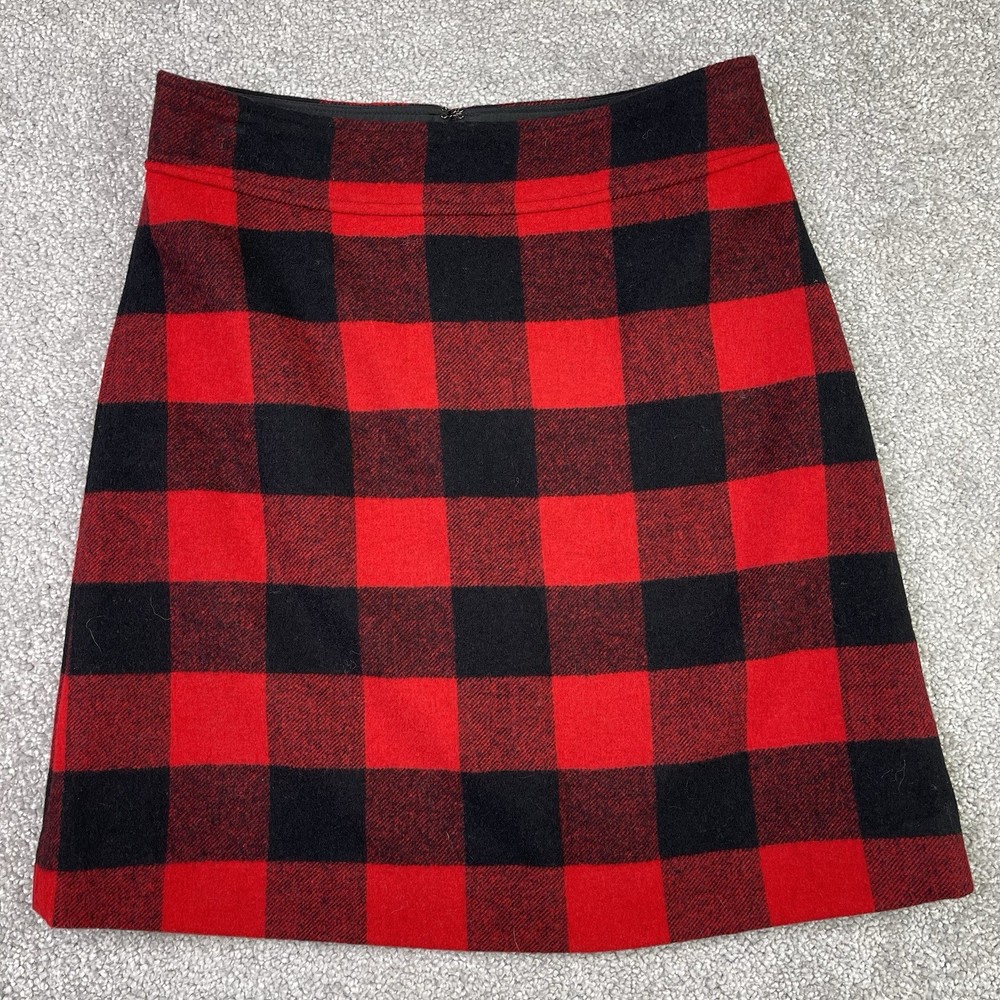 J. Crew A-Line Skirt Women’s 0 Red Black Buffalo Plaid  Lined Holiday Wool Blend