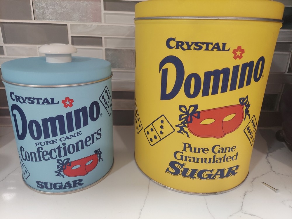 Crystal Domino Sugar Tins Kitchen Canisters Set of 2 Home Decor Vtg
