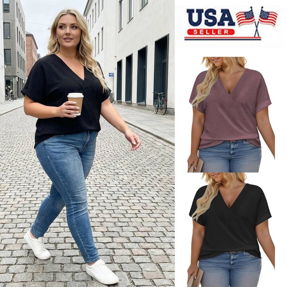 Women's Plus Size Summer Tops Trendy V Neck T Shirts Casual Rolled Sleeve Tees