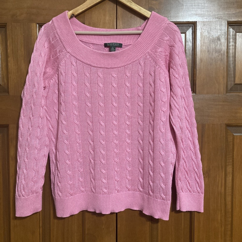 Lauren Ralph Lauren Pink Cotton Blend Cable Knit Pullover Sweater Women’s Large