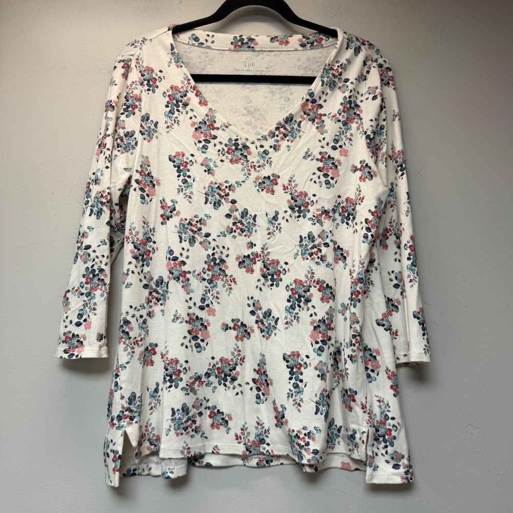 J. Jill Pima Cotton Top Womens Medium White Floral V-Neck 3/4 Sleeve Excellent