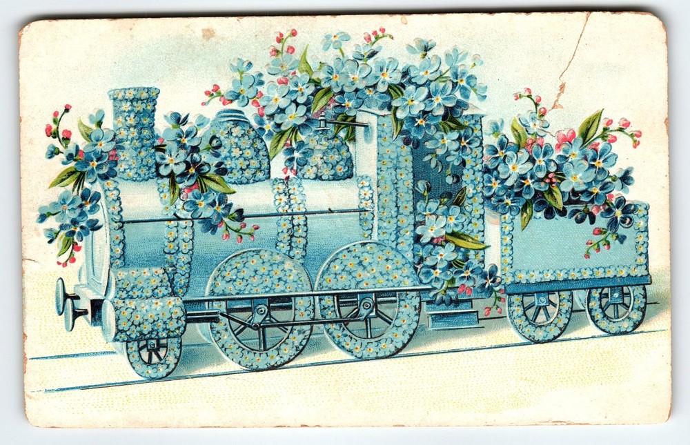 Vintage Floral Railroad Train Postcard Blue Forget-Me-Nots Printed in Germany