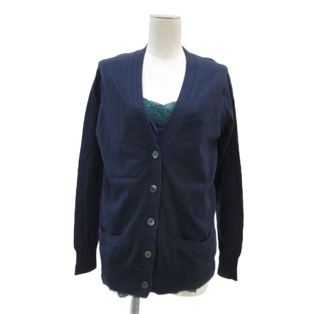 Sacai Luck Navy Knit Cardigan Women's Size 2 Cotton Lace V-Neck Mid-Length