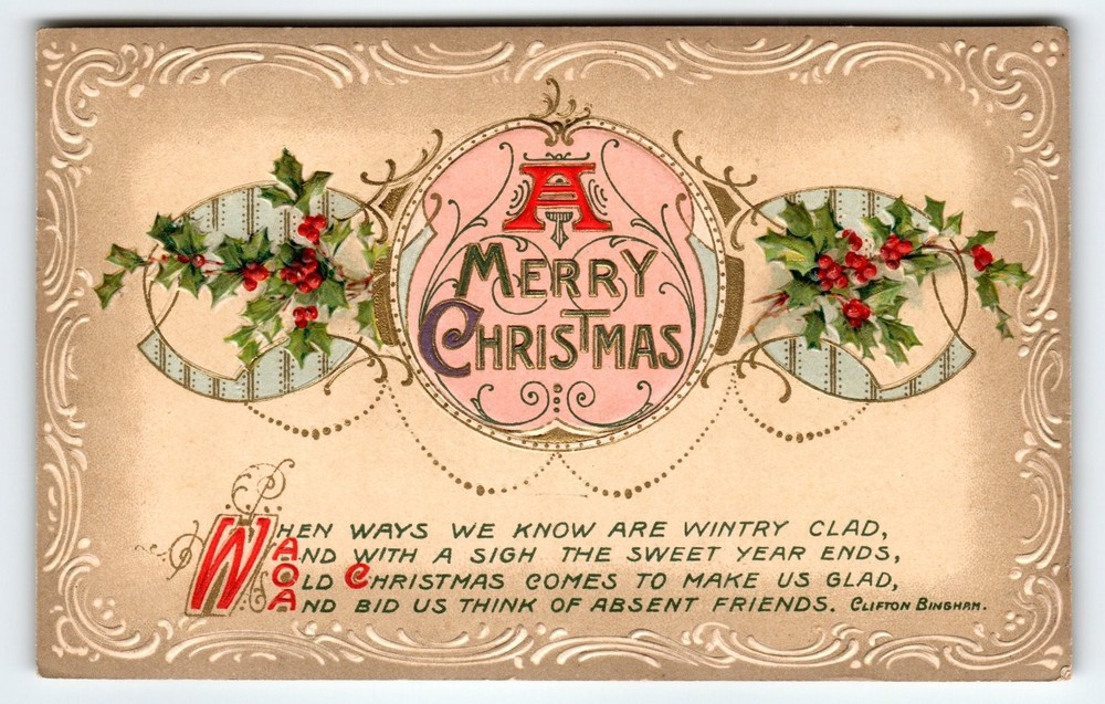 Vintage Embossed A Merry Christmas Postcard with Holly Berries 1912