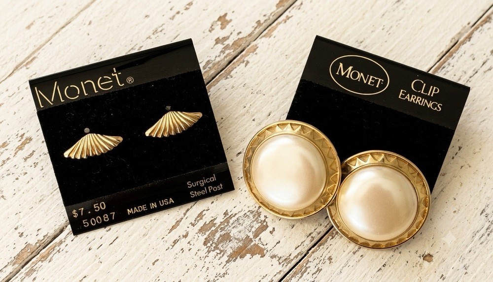 Vintage Signed Monet Gold Tone Faux Pearl Clip On Earrings