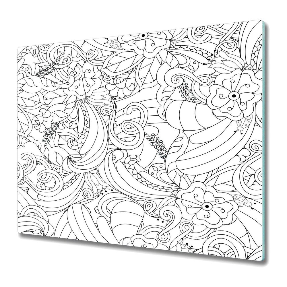 Glass Chopping Board Utensil Hand-drawn doodle flowers black & white 60x52