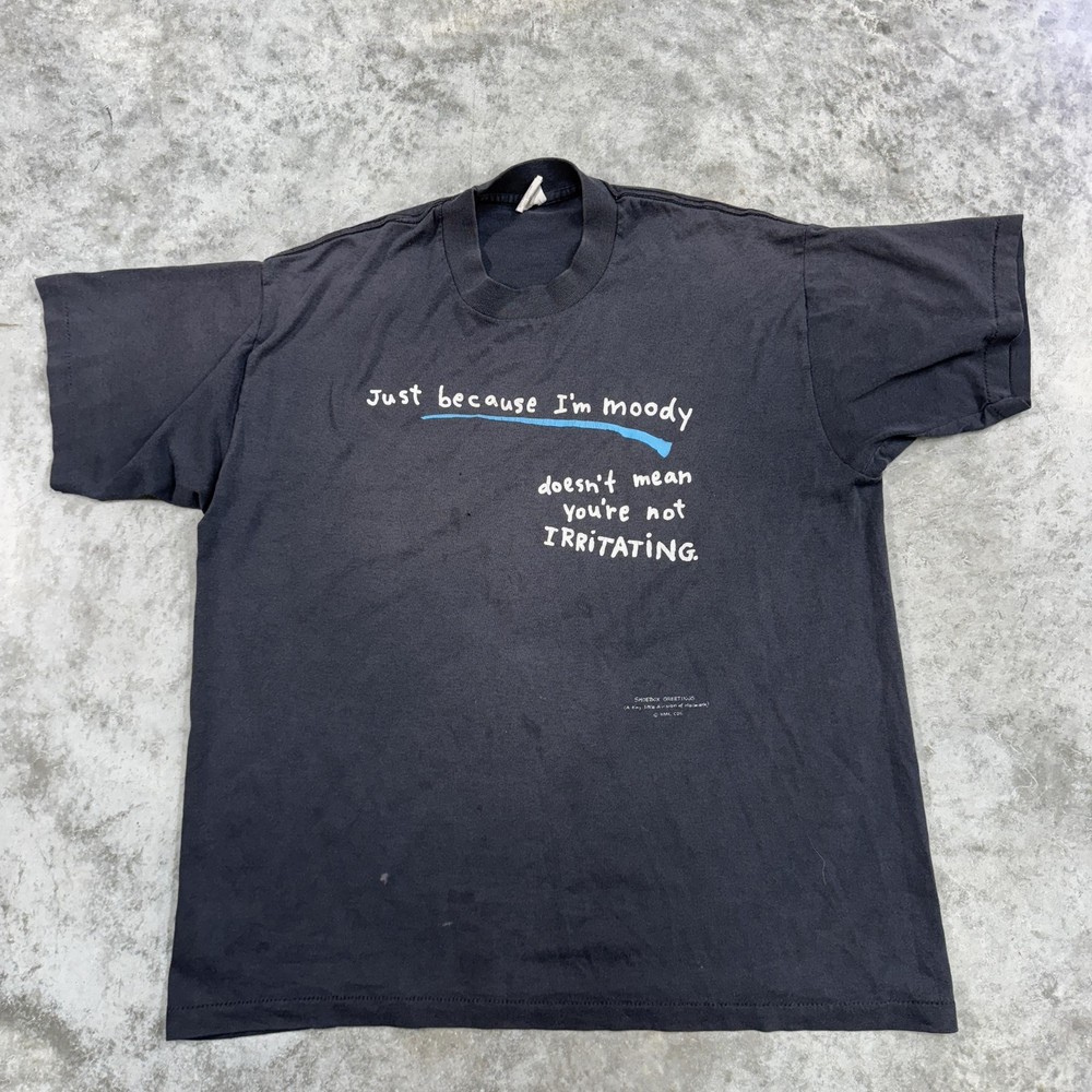 Vintage Shoebox Greetings Shirt Mens XL Black Moody Irritating Graphic Tee 90s