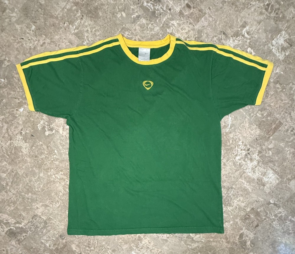 Y2K Brazil Nike Men's Green Yellow Embroidered Cotton  T-Shirt Size XL